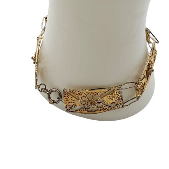 Floral Filigree Panel Link Bangle Bracelet Spring Ring Closure Gold Tone Vintage - Picture 3 of 5